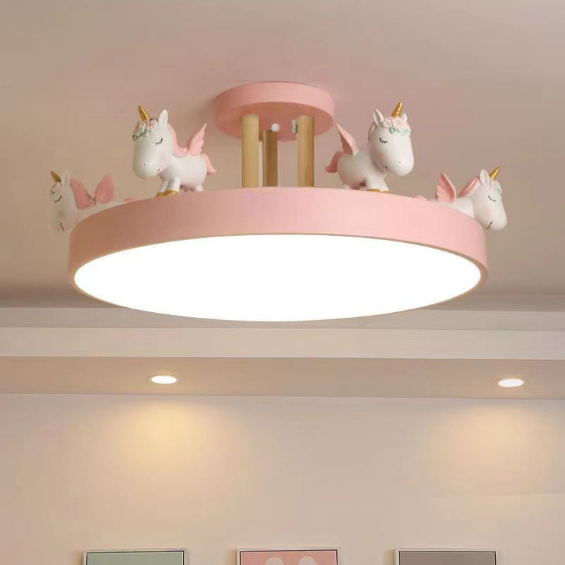 Contemporary Unicorn LED Semi-Flush Mount Ceiling Light for Bedroom - Resin, Iron, Acrylic, Wood Design