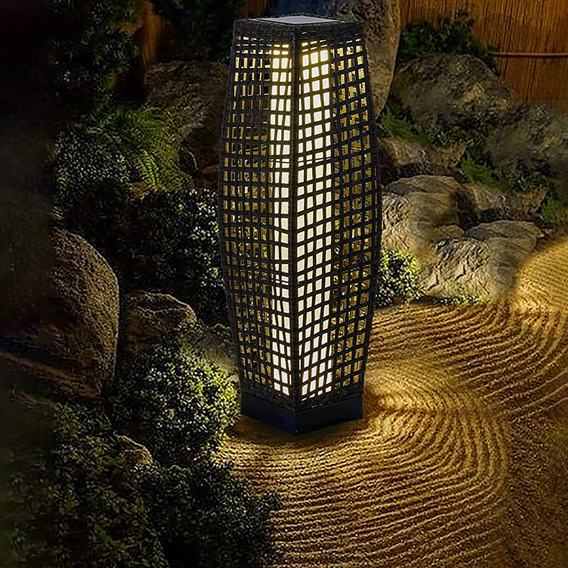 Modern Art Deco Solar Column Lamp - Faux Rattan LED Garden Lamp