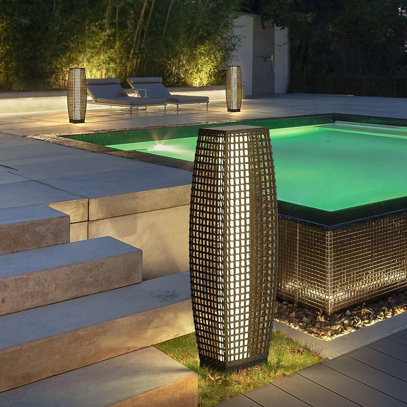 Modern Art Deco Solar Column Lamp - Faux Rattan LED Garden Lamp