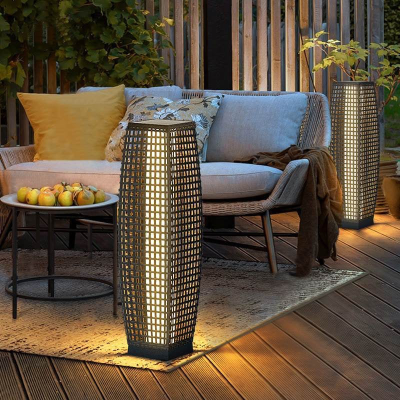 Modern Art Deco Solar Column Lamp - Faux Rattan LED Garden Lamp