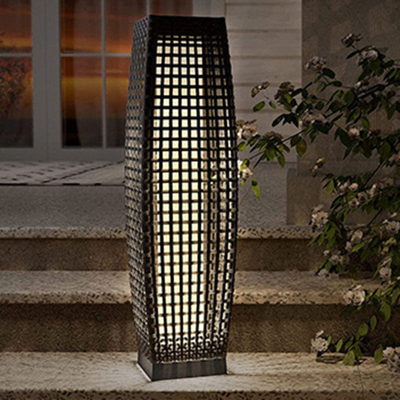 Modern Art Deco Solar Column Lamp - Faux Rattan LED Garden Lamp