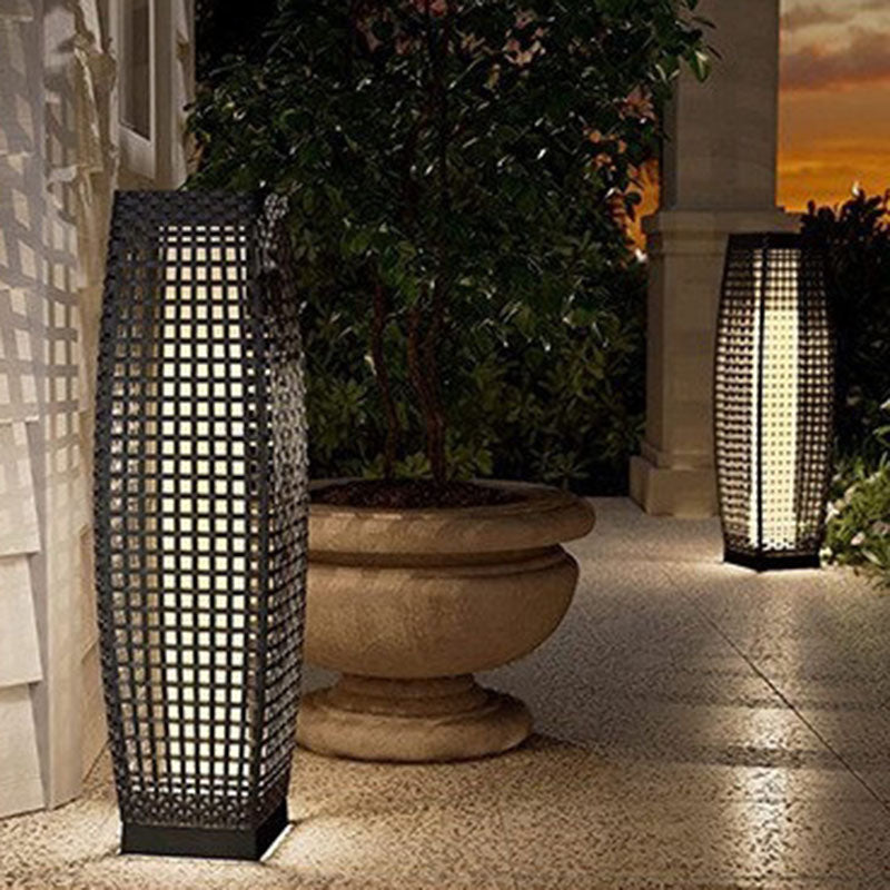 Modern Art Deco Solar Column Lamp - Faux Rattan LED Garden Lamp