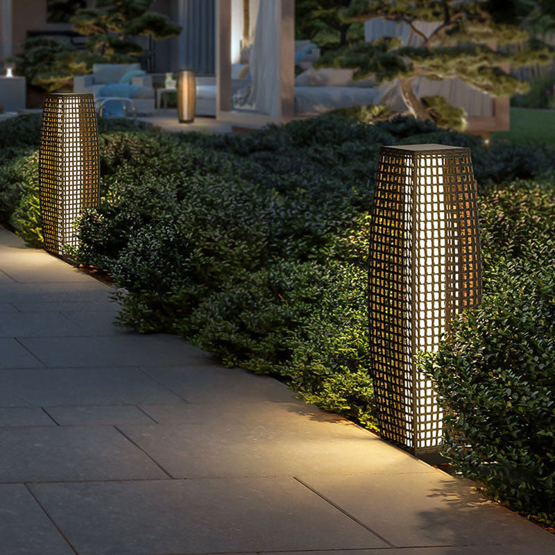 Modern Art Deco Solar Column Lamp - Faux Rattan LED Garden Lamp