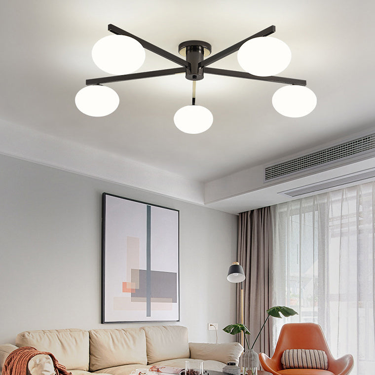 Modern Minimalist Iron & Glass Oval Branch Semi-Flush Mount Ceiling Light - 3/5-Light Design for Bedroom & Living Room