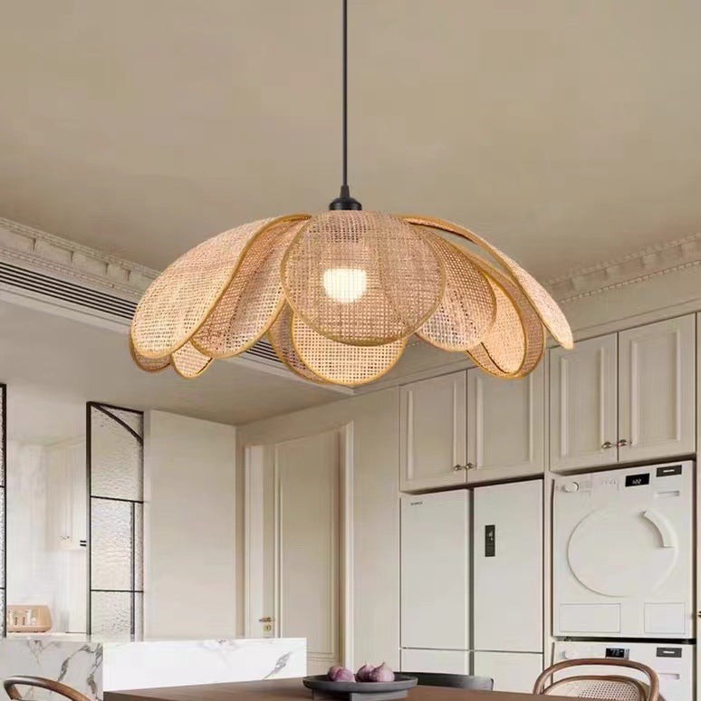Traditional Japanese Rattan Pendant Light - Adjustable Cord 1-Light Fixture for Dining Room & Bedroom