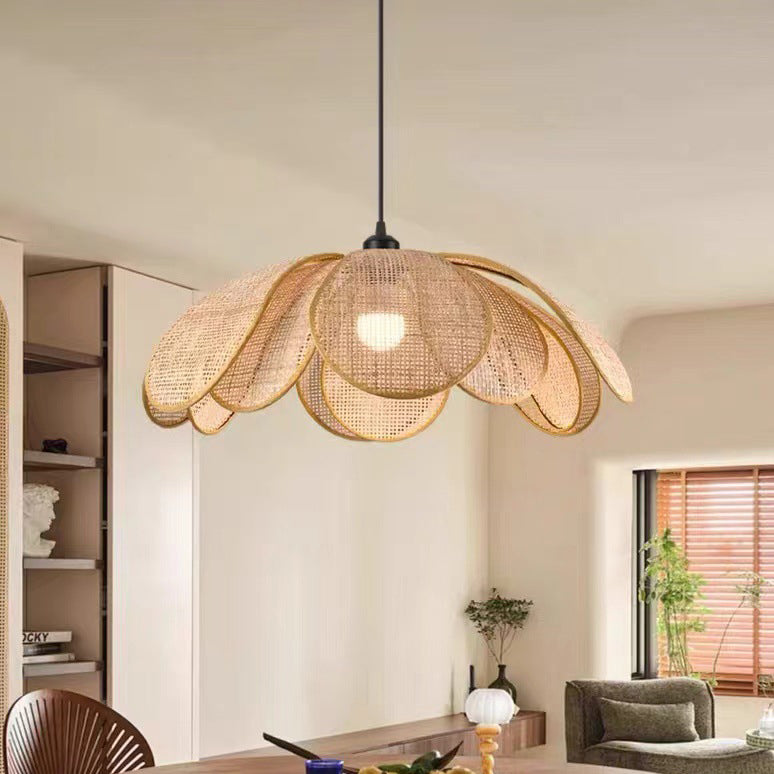 Traditional Japanese Rattan Pendant Light - Adjustable Cord 1-Light Fixture for Dining Room & Bedroom