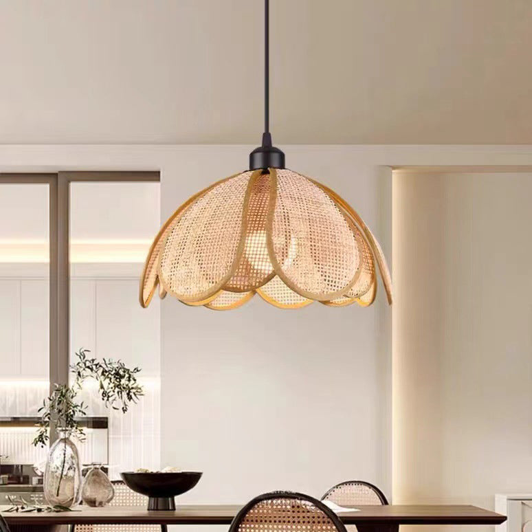 Traditional Japanese Rattan Pendant Light - Adjustable Cord 1-Light Fixture for Dining Room & Bedroom