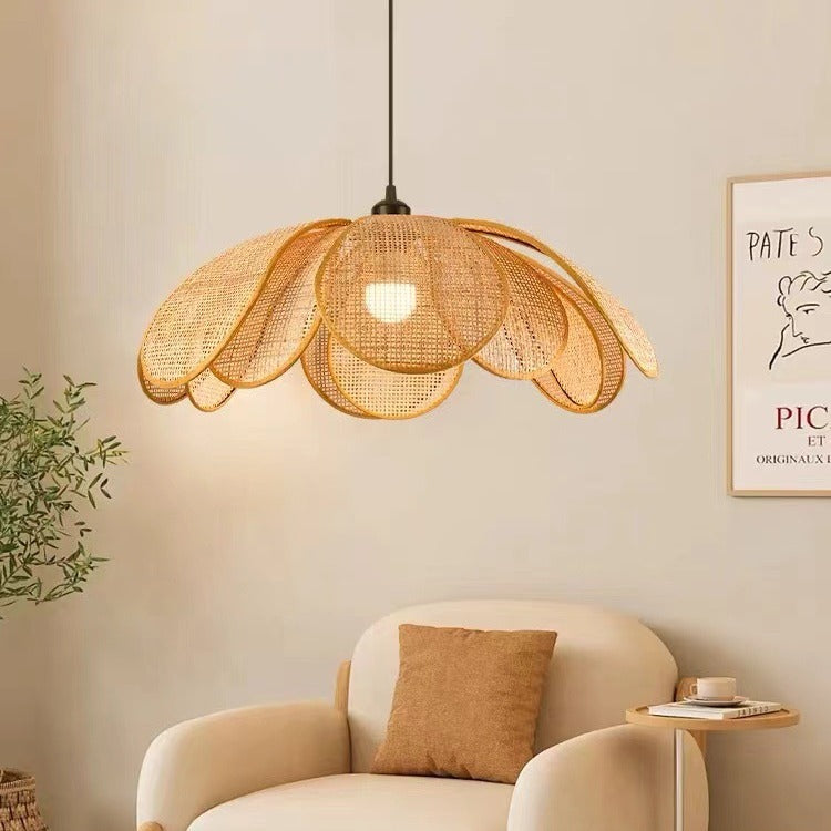 Traditional Japanese Rattan Pendant Light - Adjustable Cord 1-Light Fixture for Dining Room & Bedroom