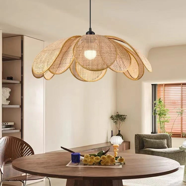 Traditional Japanese Rattan Pendant Light - Adjustable Cord 1-Light Fixture for Dining Room & Bedroom
