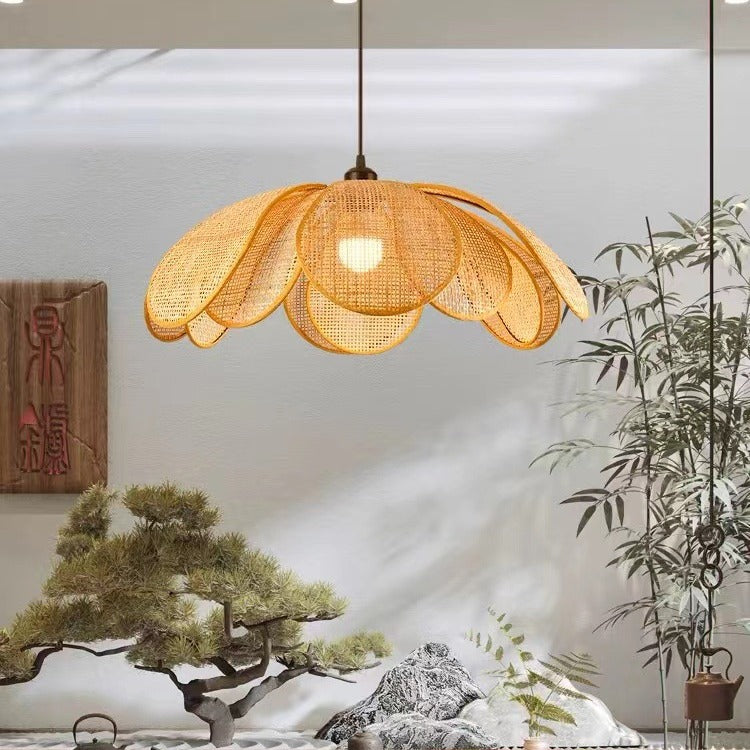 Traditional Japanese Rattan Pendant Light - Adjustable Cord 1-Light Fixture for Dining Room & Bedroom