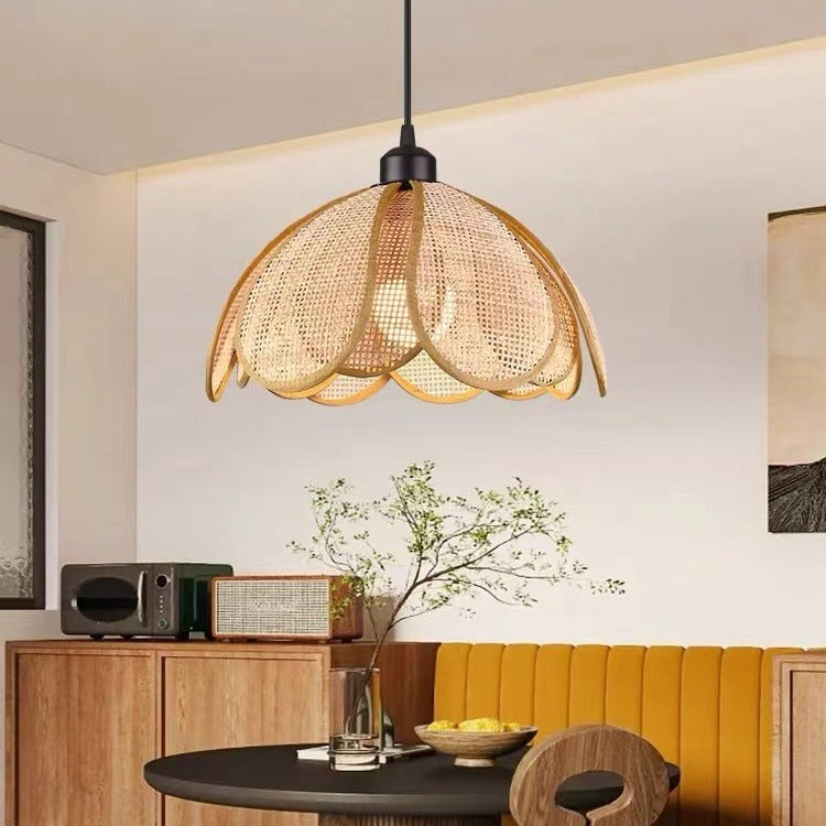 Traditional Japanese Rattan Pendant Light - Adjustable Cord 1-Light Fixture for Dining Room & Bedroom