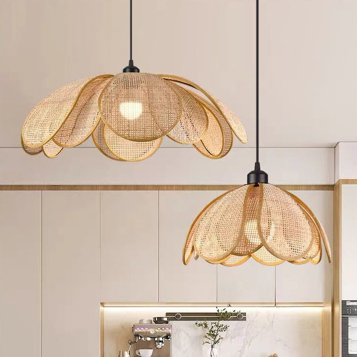 Traditional Japanese Rattan Pendant Light - Adjustable Cord 1-Light Fixture for Dining Room & Bedroom