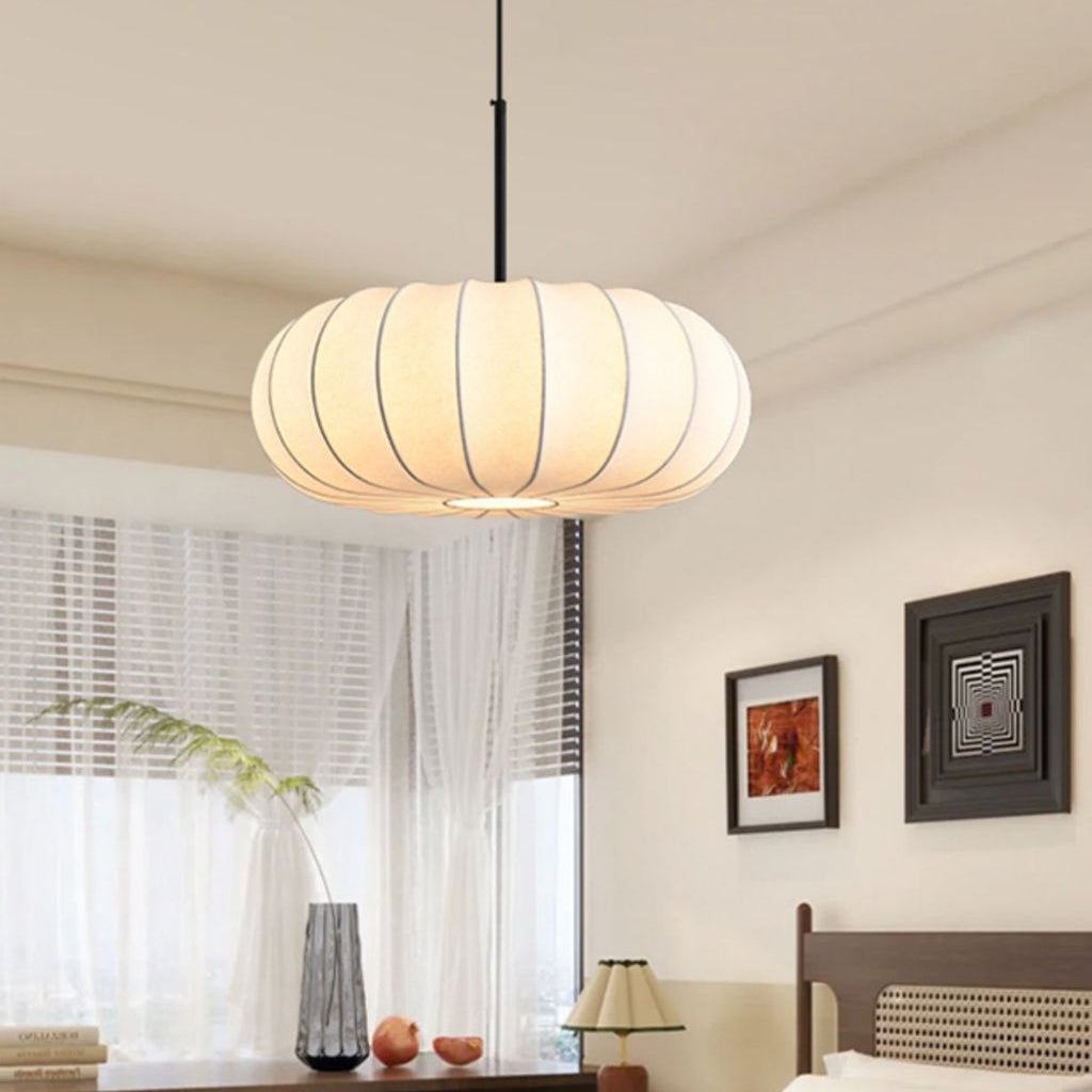 Traditional Japanese Faux Silk Iron Pumpkin Stripe Chandelier - 1/2/3-Light for Bedroom & Living Room