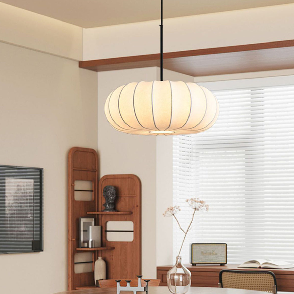 Traditional Japanese Faux Silk Iron Pumpkin Stripe Chandelier - 1/2/3-Light for Bedroom & Living Room