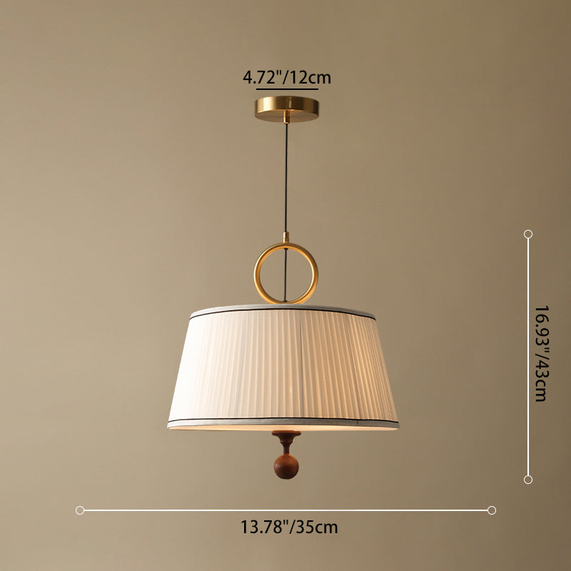 Vintage Pleated Round Chandelier - Ash Wood Hardware 1-Light Fixture for Bedroom & Living Room