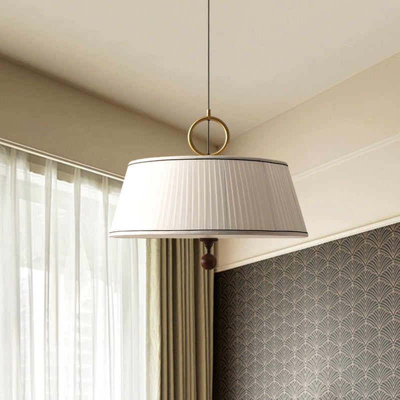 Vintage Pleated Round Chandelier - Ash Wood Hardware 1-Light Fixture for Bedroom & Living Room