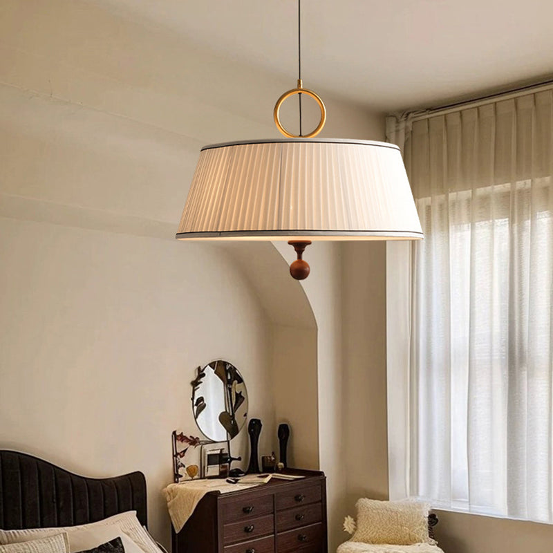 Vintage Pleated Round Chandelier - Ash Wood Hardware 1-Light Fixture for Bedroom & Living Room