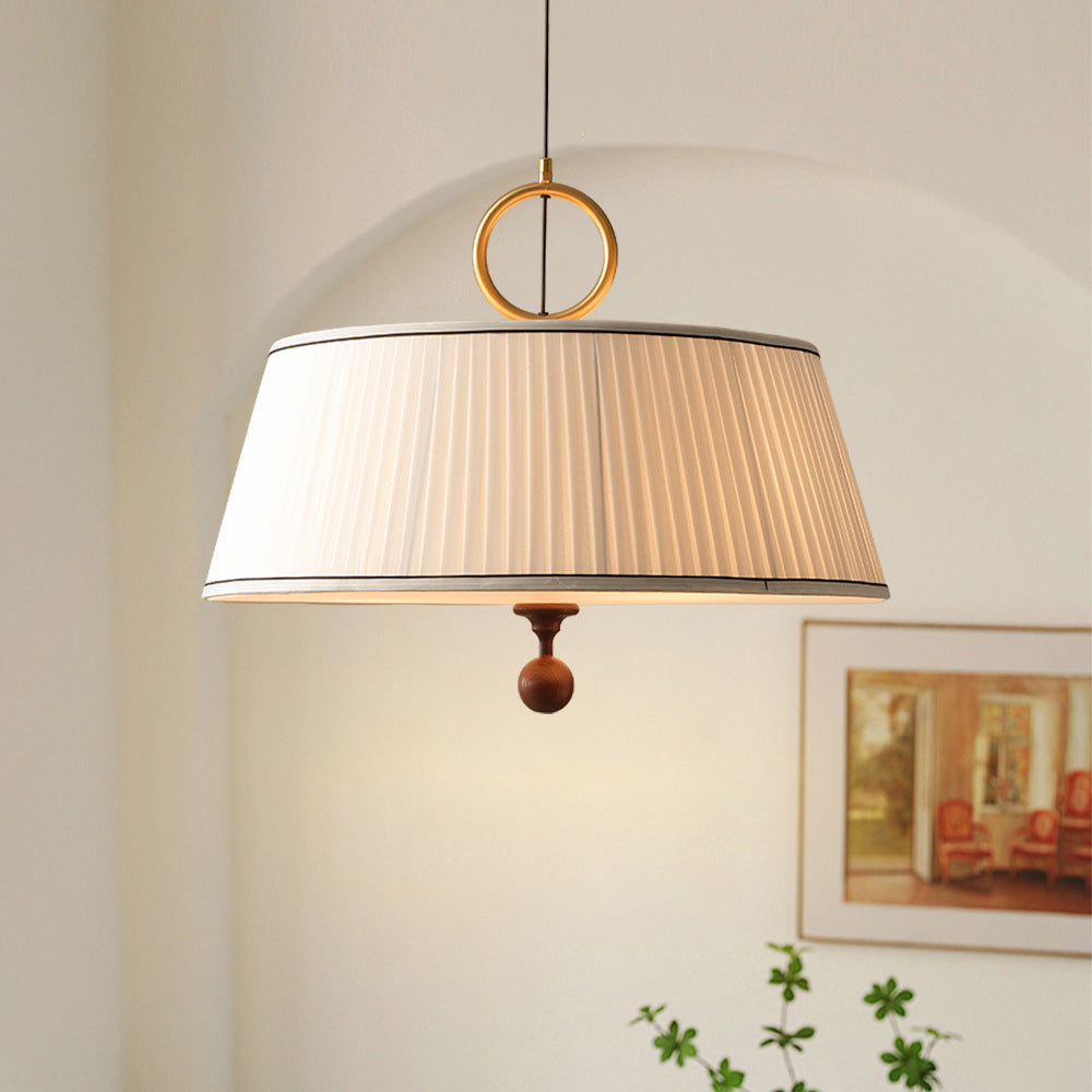 Vintage Pleated Round Chandelier - Ash Wood Hardware 1-Light Fixture for Bedroom & Living Room