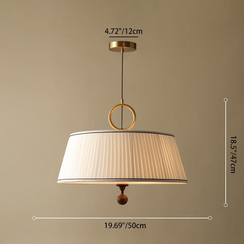 Vintage Pleated Round Chandelier - Ash Wood Hardware 1-Light Fixture for Bedroom & Living Room