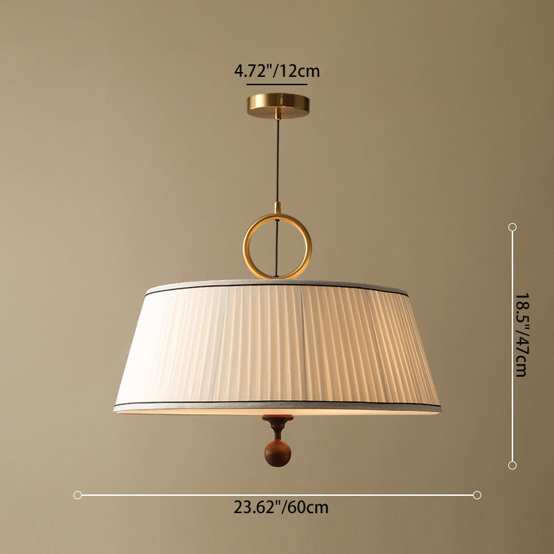 Vintage Pleated Round Chandelier - Ash Wood Hardware 1-Light Fixture for Bedroom & Living Room