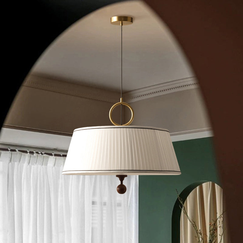 Vintage Pleated Round Chandelier - Ash Wood Hardware 1-Light Fixture for Bedroom & Living Room