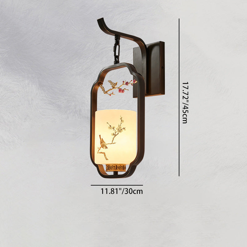 Traditional Chinese Glass Iron Floral Bird Pattern Cylindrical 1-Light Wall Sconce Lamp Bedroom Living Room Decorative Lighting Vintage Home Decor Artistic Wall Light Fixture Asian Style Illumination Unique Design Elegant Lighting Solution for Hallway Ent