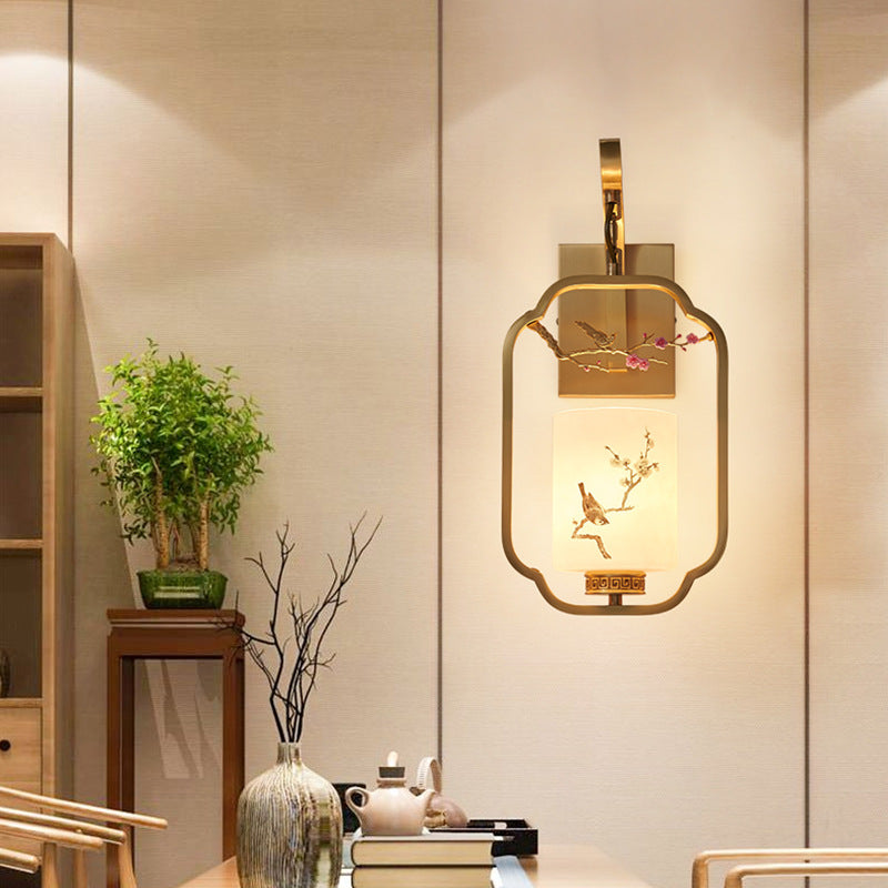 Traditional Chinese Glass Iron Floral Bird Pattern Cylindrical 1-Light Wall Sconce Lamp Bedroom Living Room Decorative Lighting Vintage Home Decor Artistic Wall Light Fixture Asian Style Illumination Unique Design Elegant Lighting Solution for Hallway Ent