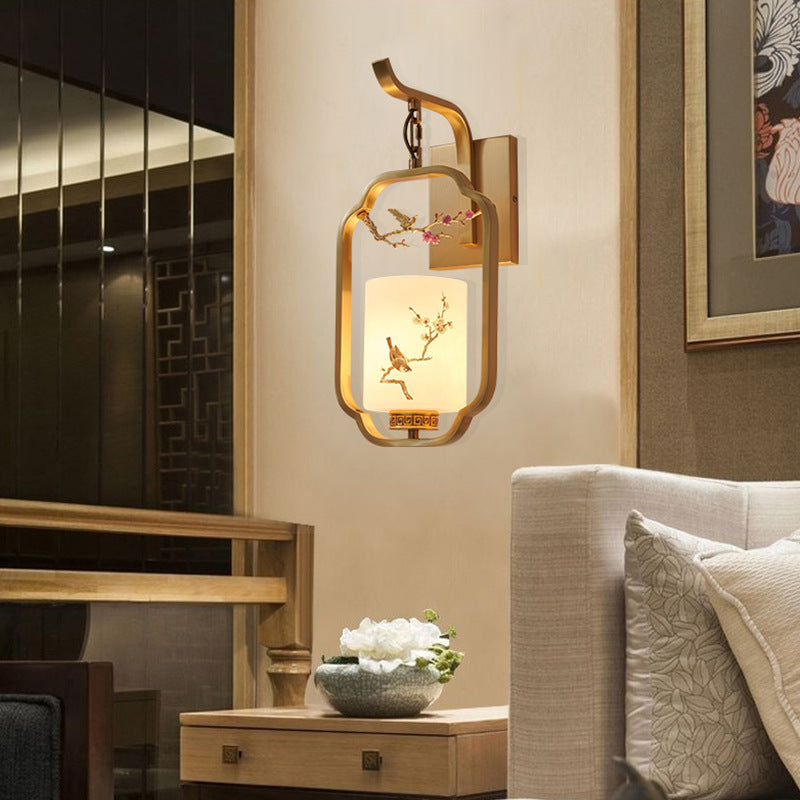 Traditional Chinese Glass Iron Floral Bird Pattern Cylindrical 1-Light Wall Sconce Lamp Bedroom Living Room Decorative Lighting Vintage Home Decor Artistic Wall Light Fixture Asian Style Illumination Unique Design Elegant Lighting Solution for Hallway Ent