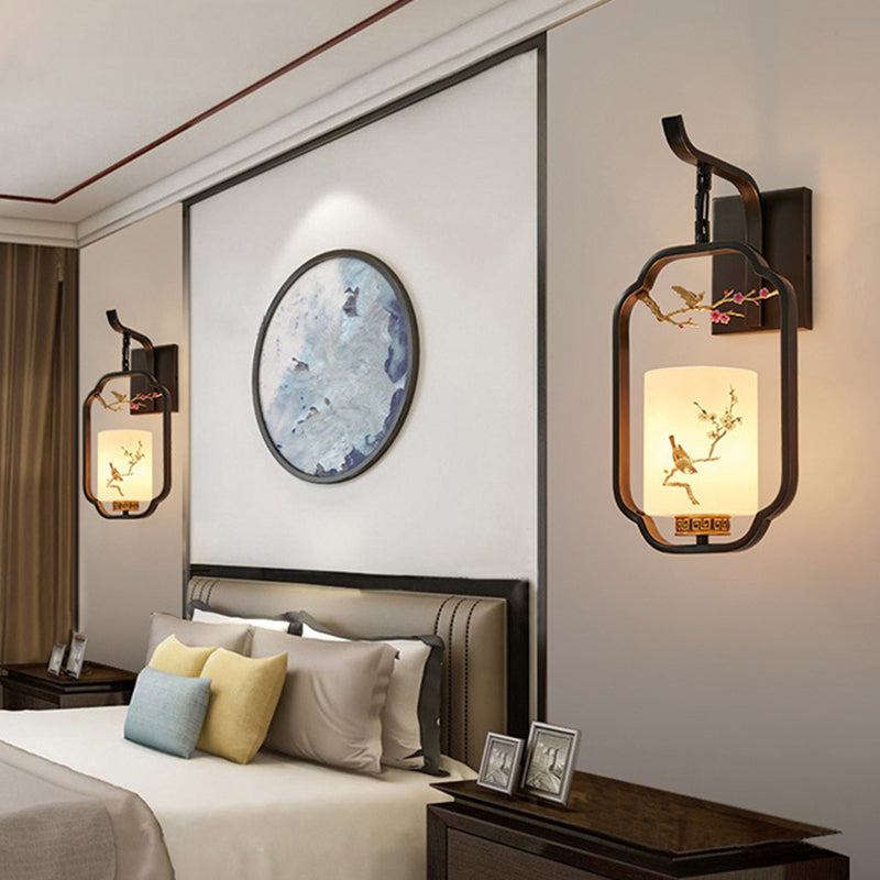Traditional Chinese Glass Iron Floral Bird Pattern Cylindrical 1-Light Wall Sconce Lamp Bedroom Living Room Decorative Lighting Vintage Home Decor Artistic Wall Light Fixture Asian Style Illumination Unique Design Elegant Lighting Solution for Hallway Ent