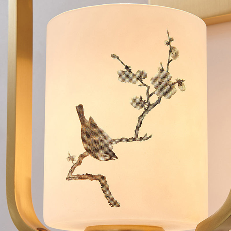Traditional Chinese Glass Iron Floral Bird Pattern Cylindrical 1-Light Wall Sconce Lamp Bedroom Living Room Decorative Lighting Vintage Home Decor Artistic Wall Light Fixture Asian Style Illumination Unique Design Elegant Lighting Solution for Hallway Ent