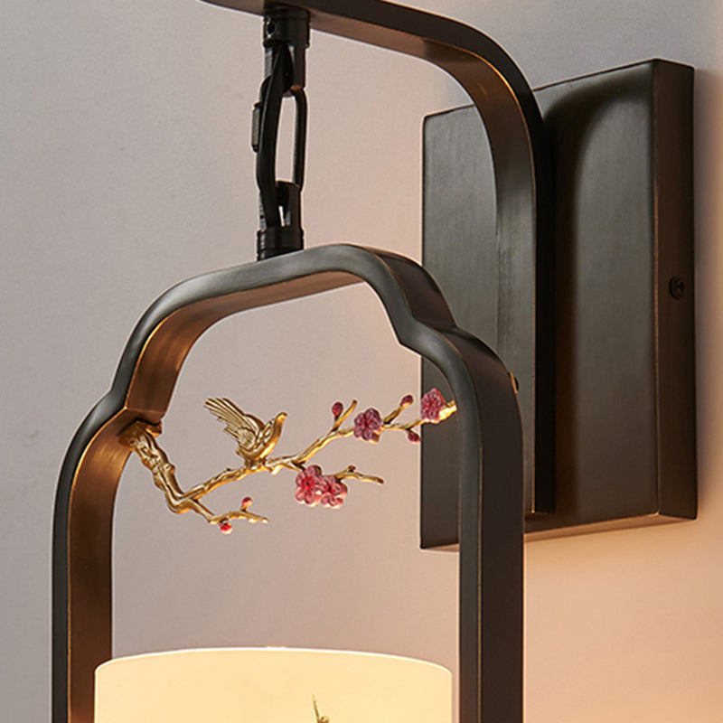 Traditional Chinese Glass Iron Floral Bird Pattern Cylindrical 1-Light Wall Sconce Lamp Bedroom Living Room Decorative Lighting Vintage Home Decor Artistic Wall Light Fixture Asian Style Illumination Unique Design Elegant Lighting Solution for Hallway Ent