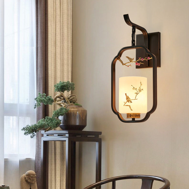 Traditional Chinese Glass Iron Floral Bird Pattern Cylindrical 1-Light Wall Sconce Lamp Bedroom Living Room Decorative Lighting Vintage Home Decor Artistic Wall Light Fixture Asian Style Illumination Unique Design Elegant Lighting Solution for Hallway Ent