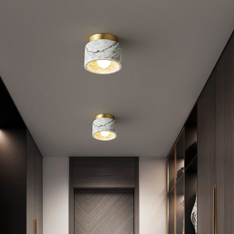 Contemporary Scandinavian Marble Metal Round Cylinder Semi-Flush Mount Light