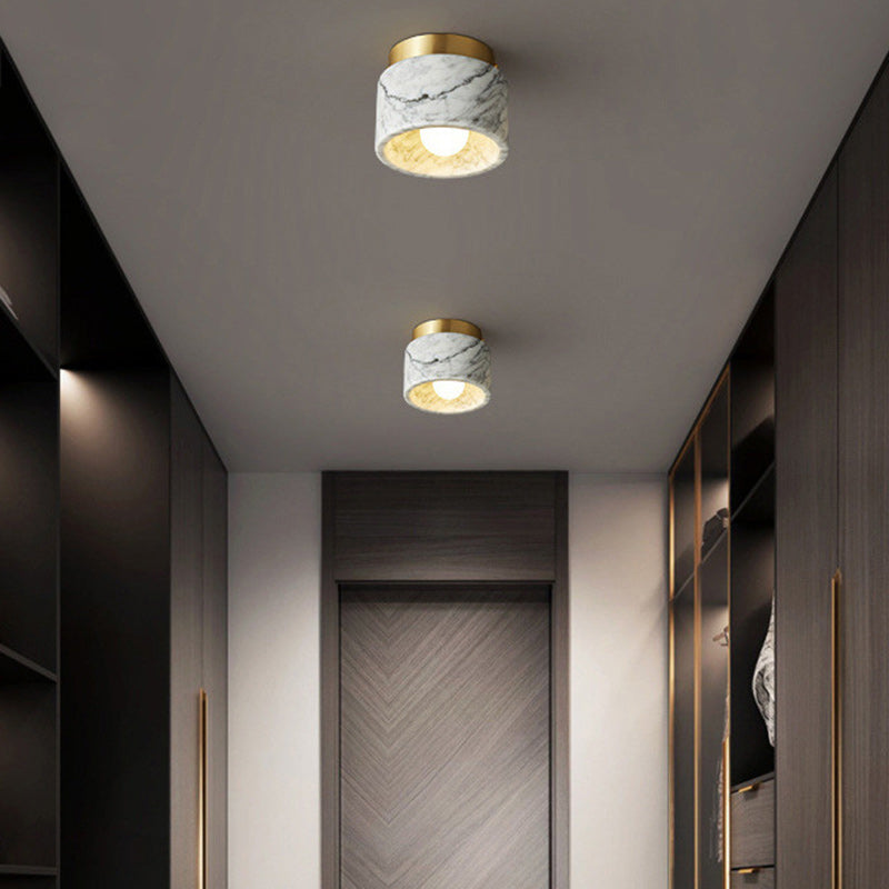 Contemporary Scandinavian Marble Metal Round Cylinder Semi-Flush Mount Light