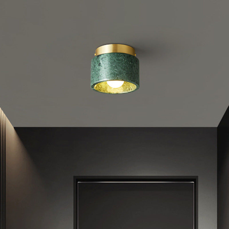 Contemporary Scandinavian Marble Metal Round Cylinder Semi-Flush Mount Light