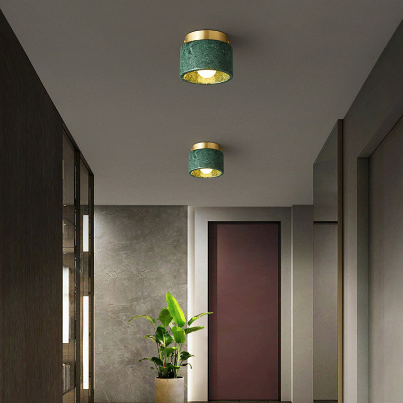 Contemporary Scandinavian Marble Metal Round Cylinder Semi-Flush Mount Light