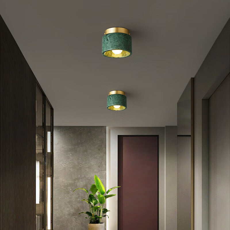 Contemporary Scandinavian Marble Metal Round Cylinder Semi-Flush Mount Light