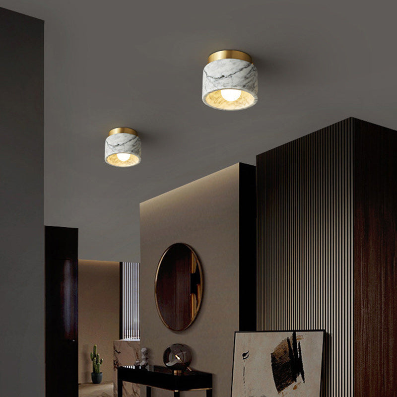 Contemporary Scandinavian Marble Metal Round Cylinder Semi-Flush Mount Light