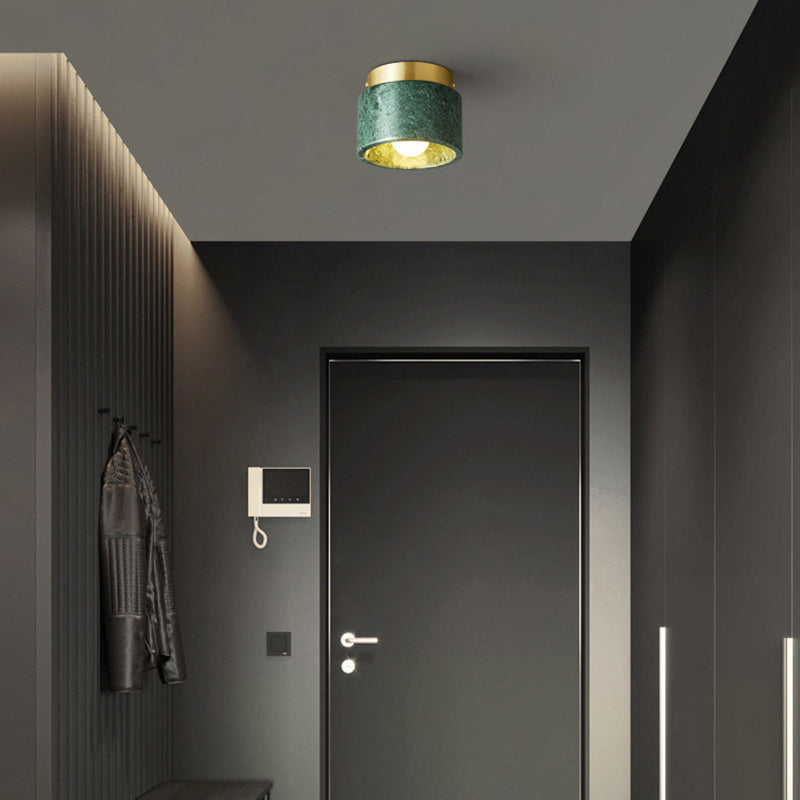 Contemporary Scandinavian Marble Metal Round Cylinder Semi-Flush Mount Light