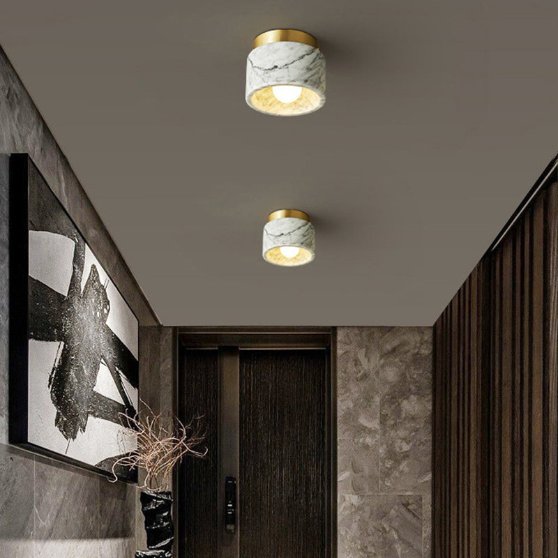 Contemporary Scandinavian Marble Metal Round Cylinder Semi-Flush Mount Light