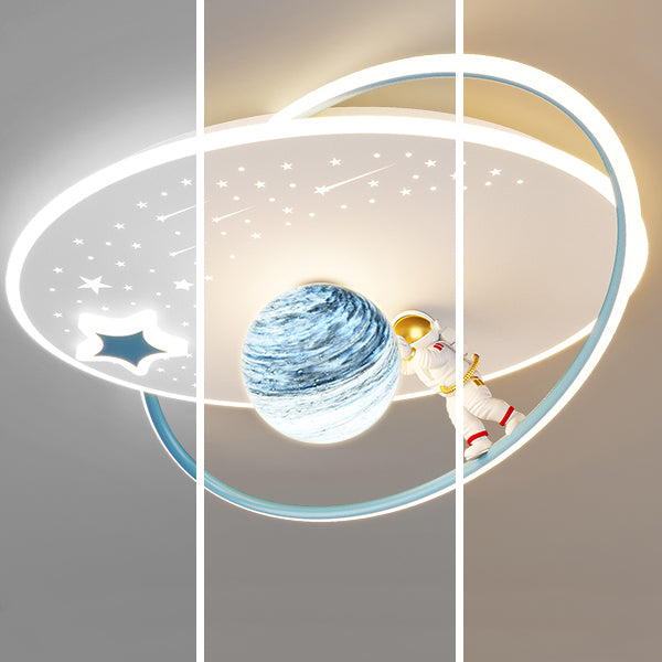 Modern Art Deco Kids Glass Acrylic Iron Astronaut Planet LED Flush Mount Ceiling Light Bedroom Living Room Home Decor Nursery Lighting Fixtures Unique Space Theme Children's Room Illumination Stylish Ceiling Lamp for Kids Room Adventure Decor
