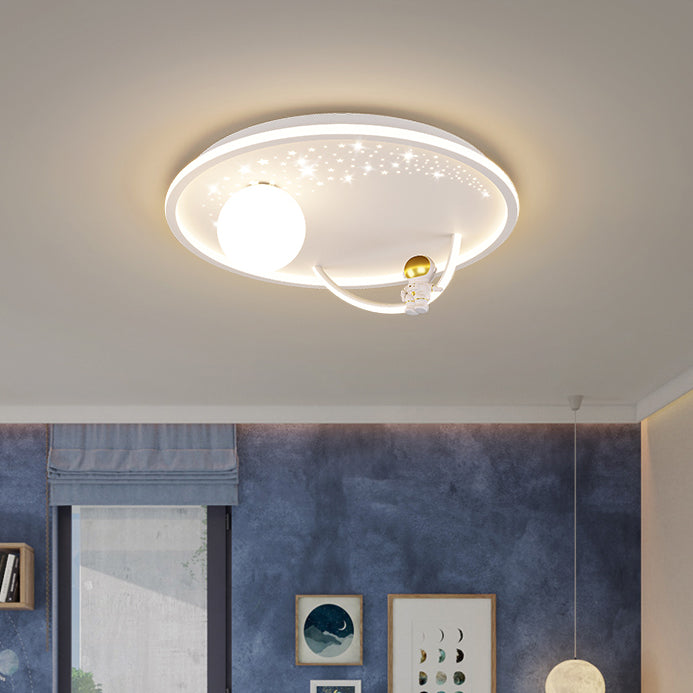 Modern Art Deco Kids Glass Acrylic Iron Astronaut Planet LED Flush Mount Ceiling Light Bedroom Living Room Home Decor Nursery Lighting Fixtures Unique Space Theme Children's Room Illumination Stylish Ceiling Lamp for Kids Room Adventure Decor
