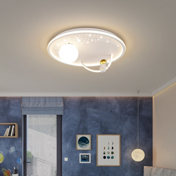 Modern Art Deco Kids Glass Acrylic Iron Astronaut Planet LED Flush Mount Ceiling Light Bedroom Living Room Home Decor Nursery Lighting Fixtures Unique Space Theme Children's Room Illumination Stylish Ceiling Lamp for Kids Room Adventure Decor