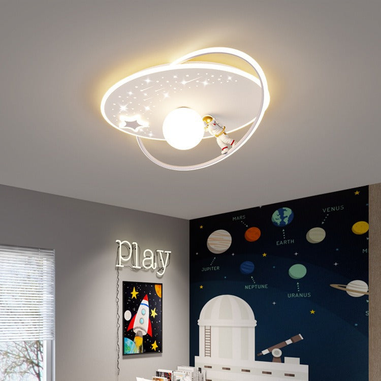 Modern Art Deco Kids Glass Acrylic Iron Astronaut Planet LED Flush Mount Ceiling Light Bedroom Living Room Home Decor Nursery Lighting Fixtures Unique Space Theme Children's Room Illumination Stylish Ceiling Lamp for Kids Room Adventure Decor