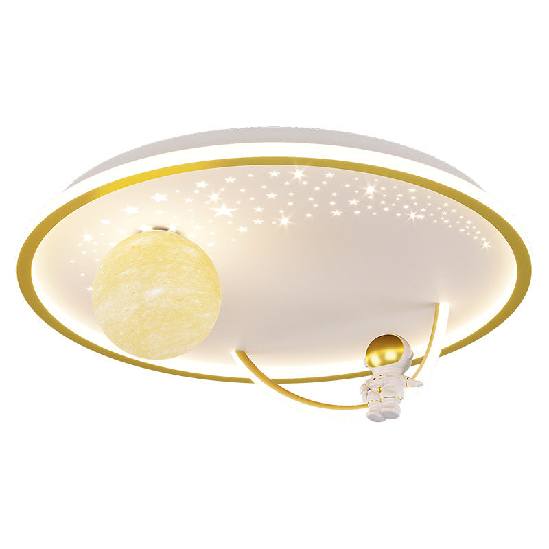 Modern Art Deco Kids Glass Acrylic Iron Astronaut Planet LED Flush Mount Ceiling Light Bedroom Living Room Home Decor Nursery Lighting Fixtures Unique Space Theme Children's Room Illumination Stylish Ceiling Lamp for Kids Room Adventure Decor