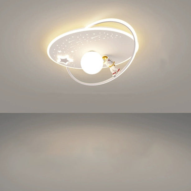 Modern Art Deco Kids Glass Acrylic Iron Astronaut Planet LED Flush Mount Ceiling Light Bedroom Living Room Home Decor Nursery Lighting Fixtures Unique Space Theme Children's Room Illumination Stylish Ceiling Lamp for Kids Room Adventure Decor