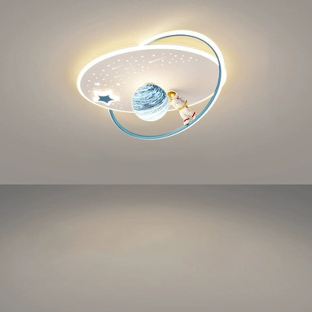 Modern Art Deco Kids Glass Acrylic Iron Astronaut Planet LED Flush Mount Ceiling Light Bedroom Living Room Home Decor Nursery Lighting Fixtures Unique Space Theme Children's Room Illumination Stylish Ceiling Lamp for Kids Room Adventure Decor