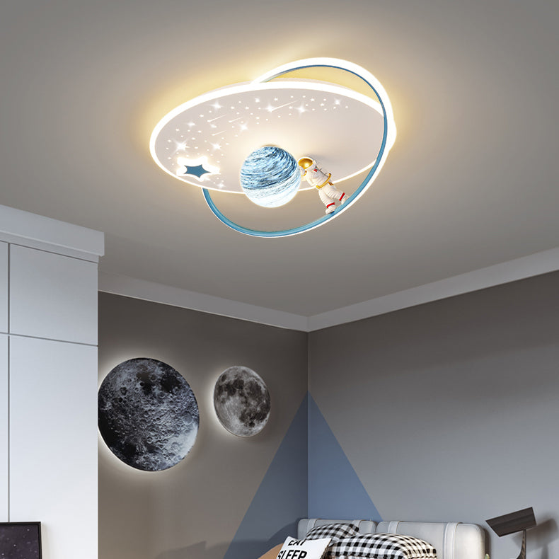 Modern Art Deco Kids Glass Acrylic Iron Astronaut Planet LED Flush Mount Ceiling Light Bedroom Living Room Home Decor Nursery Lighting Fixtures Unique Space Theme Children's Room Illumination Stylish Ceiling Lamp for Kids Room Adventure Decor