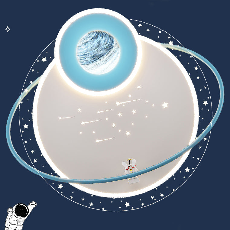 Modern Art Deco Kids Glass Acrylic Iron Astronaut Planet LED Flush Mount Ceiling Light Bedroom Living Room Home Decor Nursery Lighting Fixtures Unique Space Theme Children's Room Illumination Stylish Ceiling Lamp for Kids Room Adventure Decor
