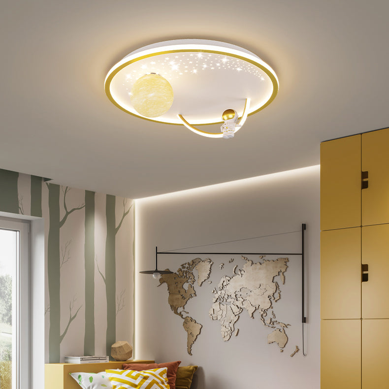 Modern Art Deco Kids Glass Acrylic Iron Astronaut Planet LED Flush Mount Ceiling Light Bedroom Living Room Home Decor Nursery Lighting Fixtures Unique Space Theme Children's Room Illumination Stylish Ceiling Lamp for Kids Room Adventure Decor